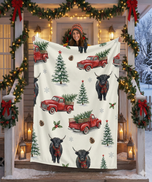 Person holding a Christmas-themed blanket with red trucks, trees, and Highland cows in a decorated outdoor setting.
